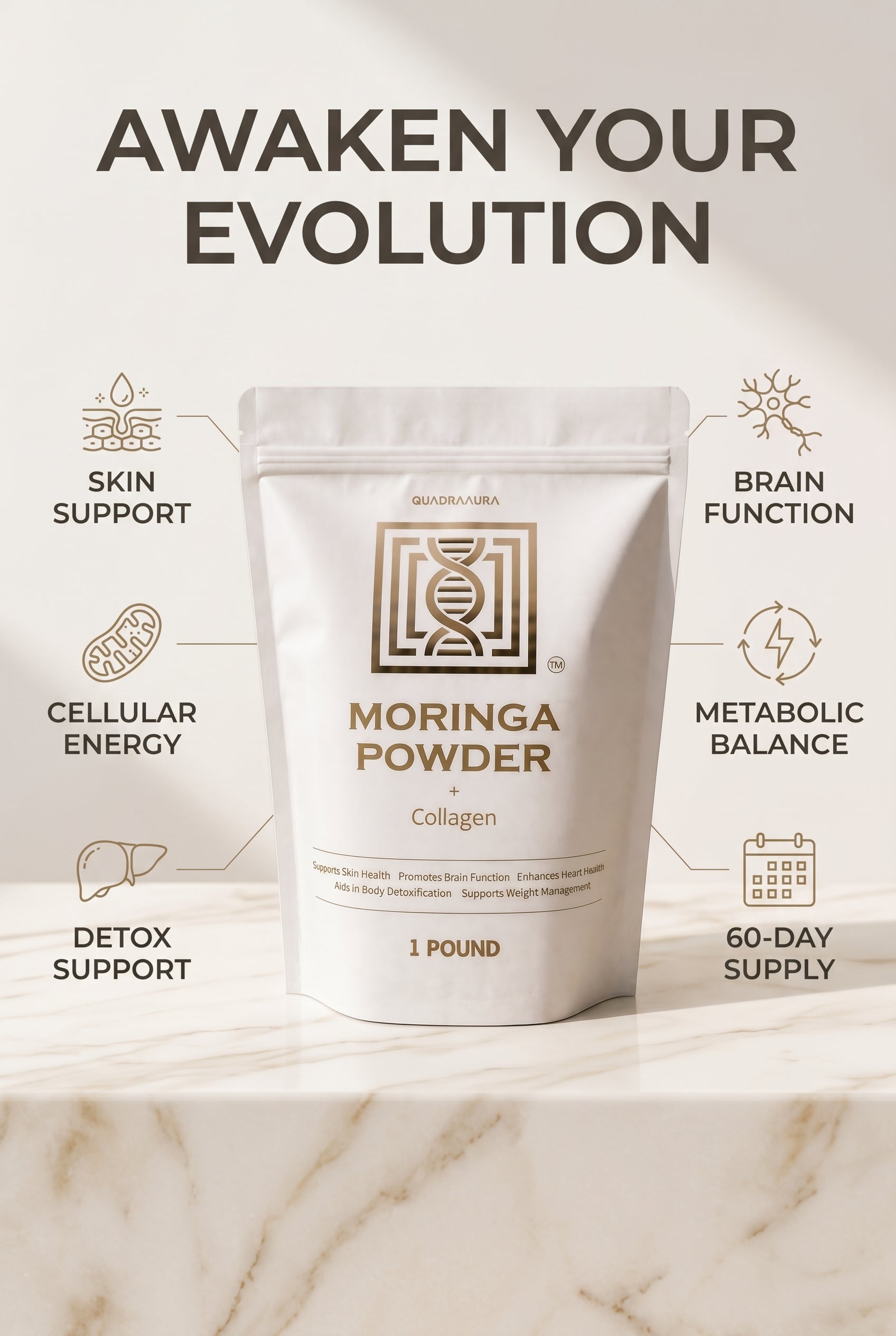 QUADRAAURA Moringa + Collagen Powder, 60-Day Supply